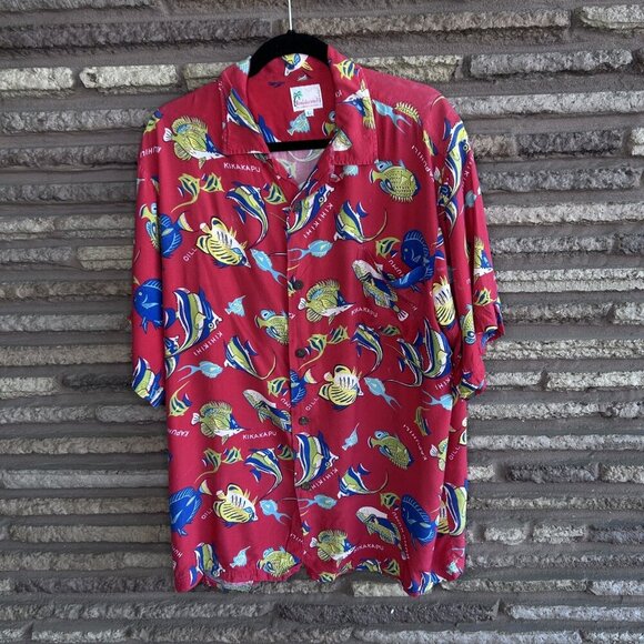 Vintage Reminiscence by Stewart Richer Red Hawaiian Fish Loop Collar Shirt - Picture 9 of 10